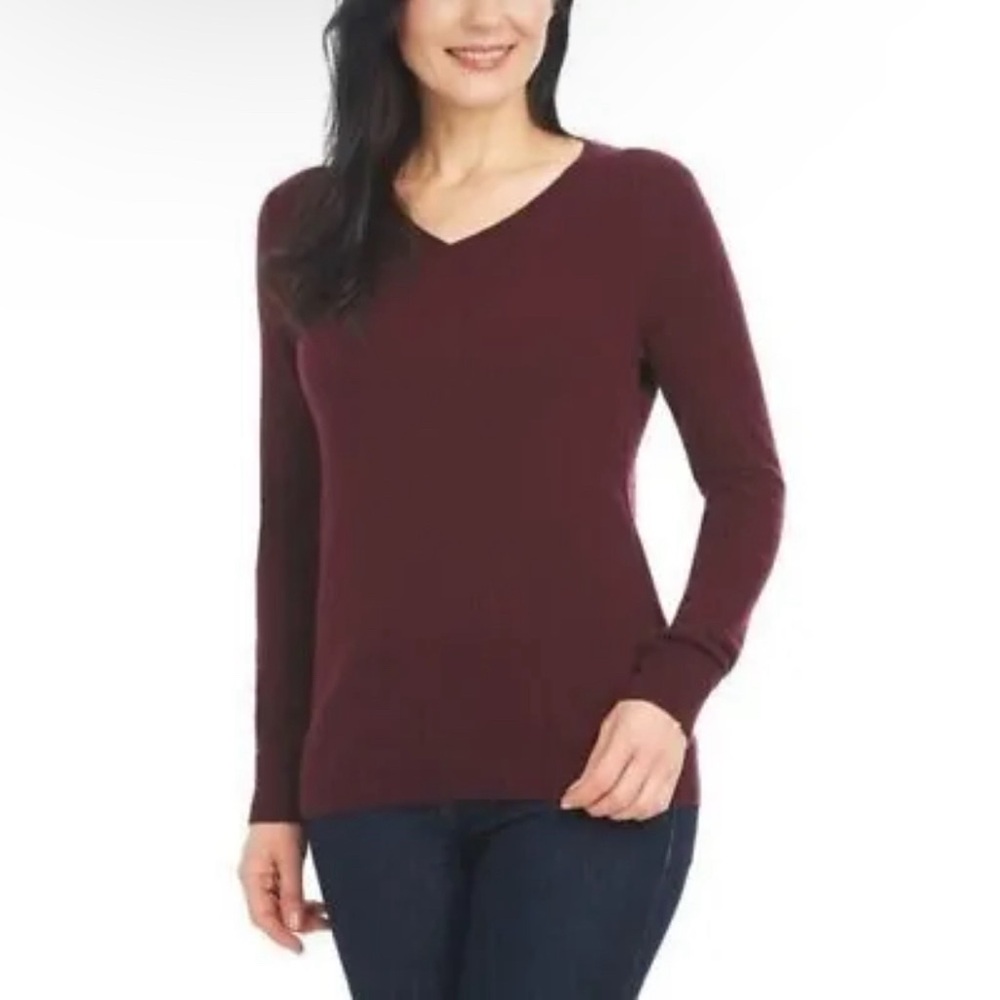 Hilary Radley Women V-Neck Long Sleeve Cashmere Sweater Wine Red Burgundy Sz M